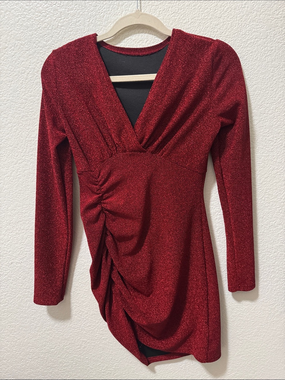 Red Ruched V-Neck Mini Dress